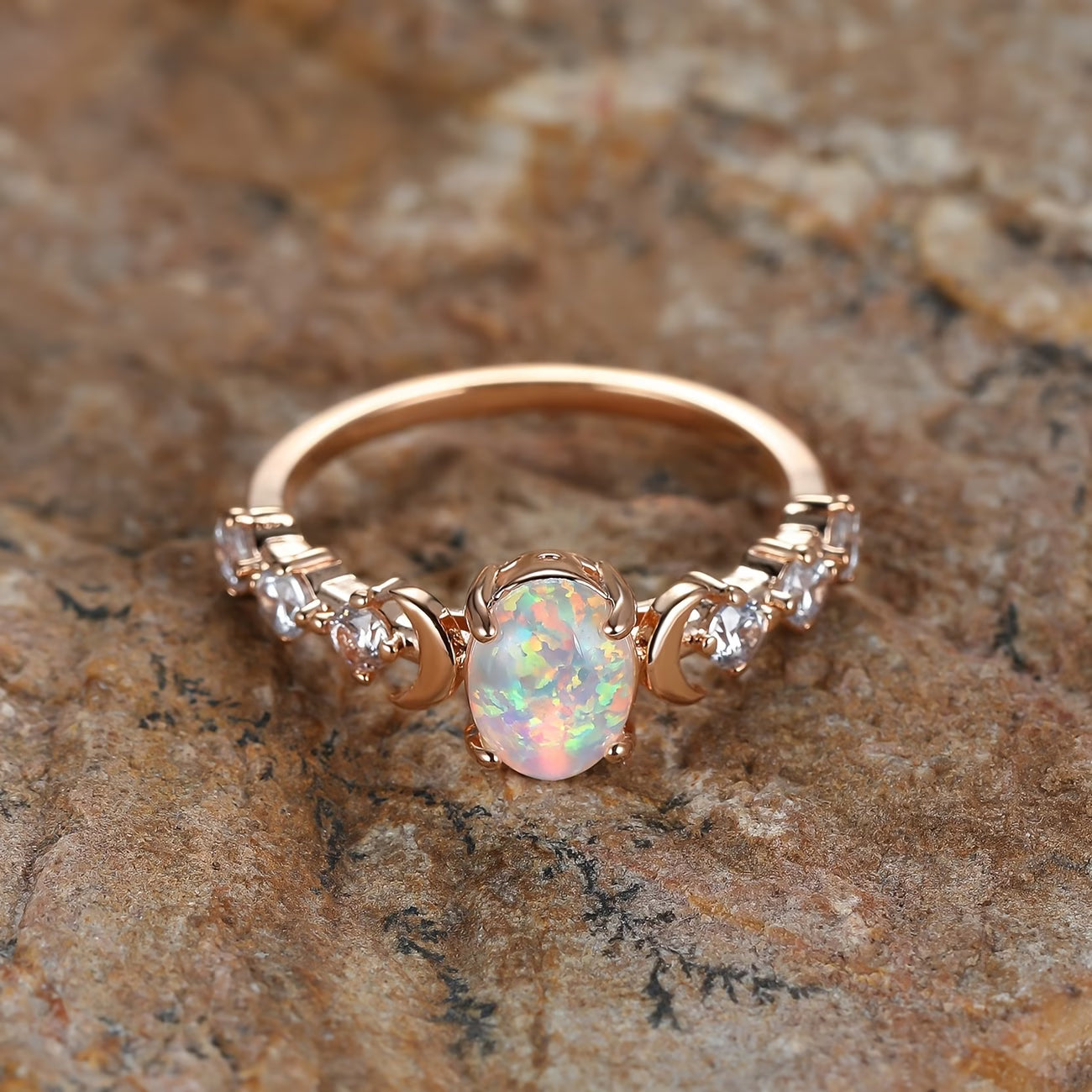 Anello Luna Crescente con Opale | Oro Rosa